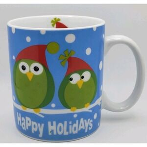Pier 1 Happy Holidays Stoneware Coffee Mug Blue Owl Christmas Whimsical Cozy